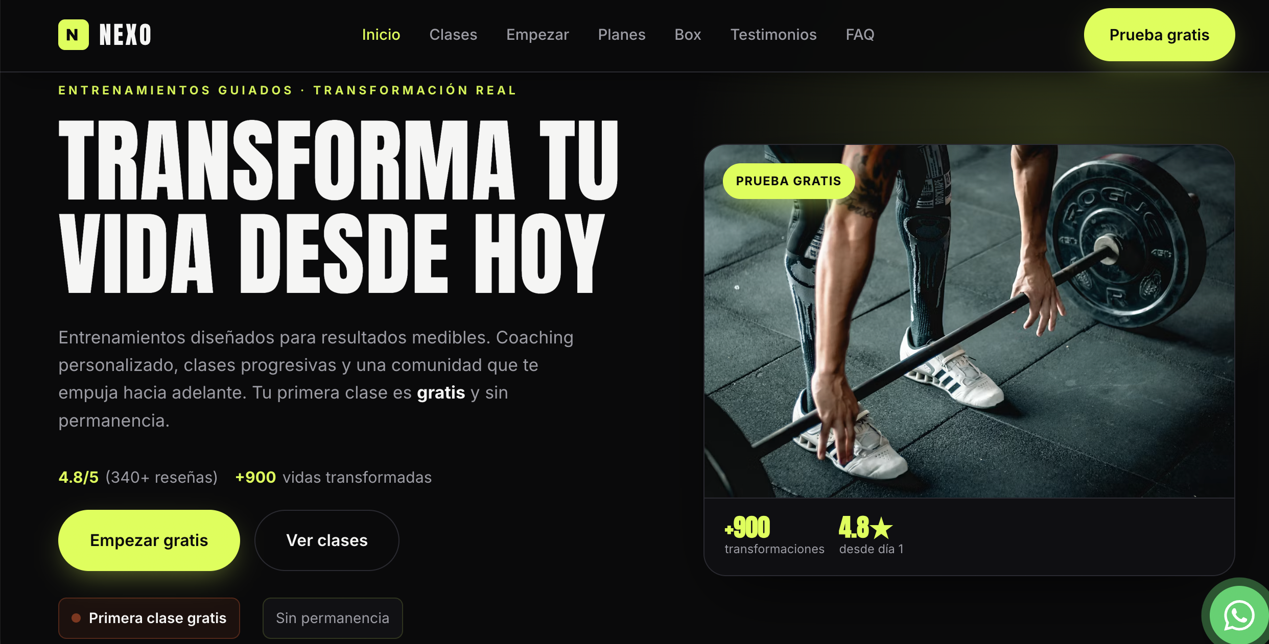 Landing NEXO: hero para box de entrenamiento funcional con CTA de prueba gratis